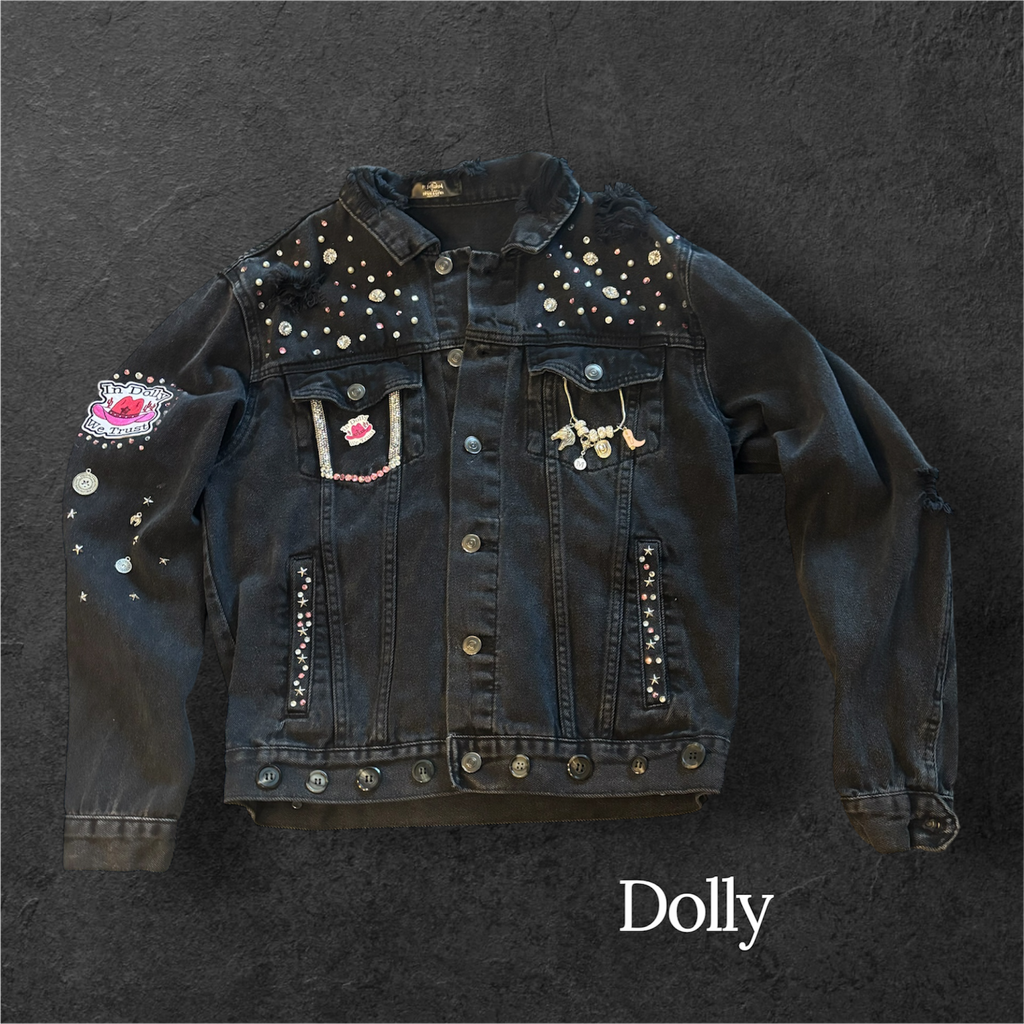 "In Dolly We Trust" -Women's Black Denim Jacket