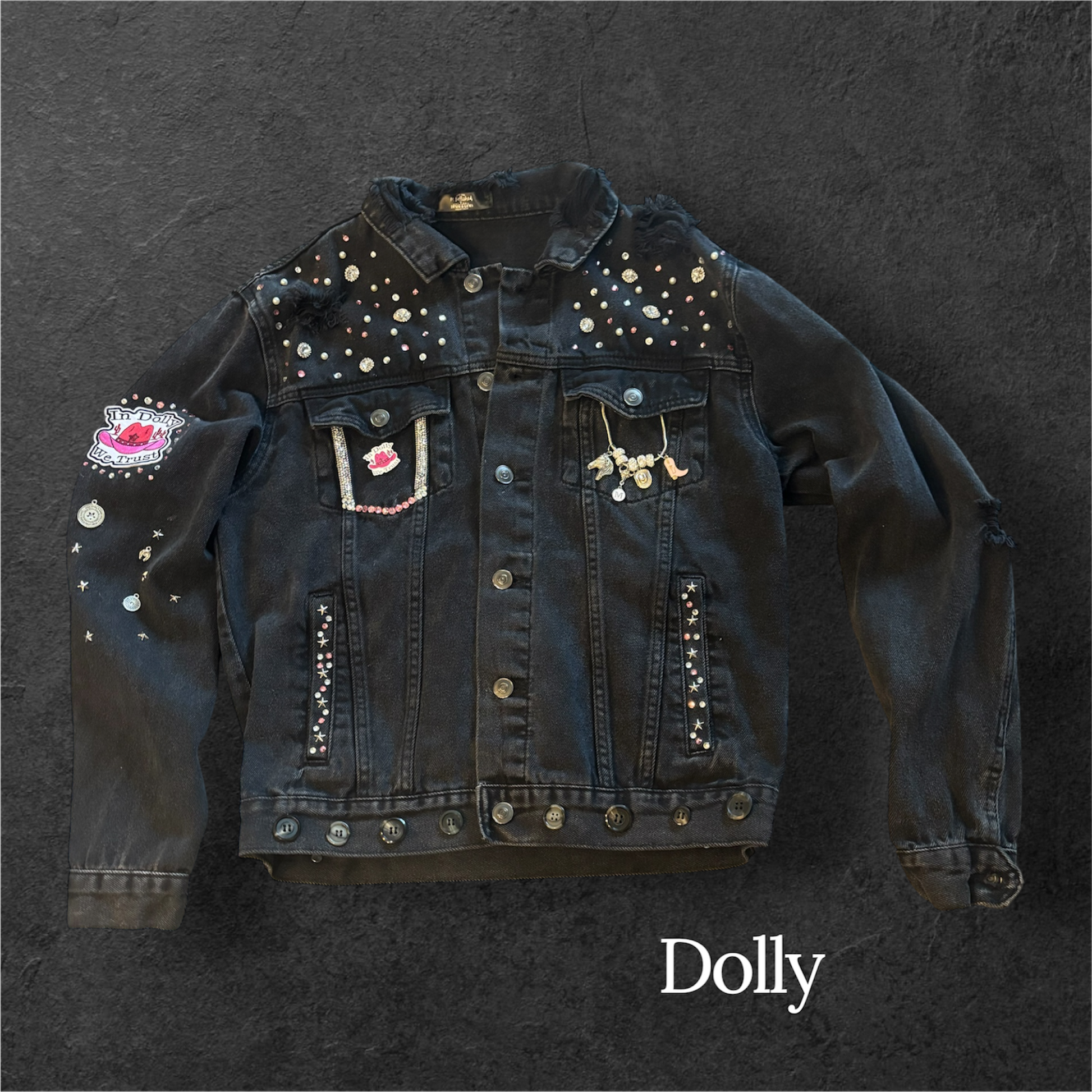 "In Dolly We Trust" -Women's Black Denim Jacket