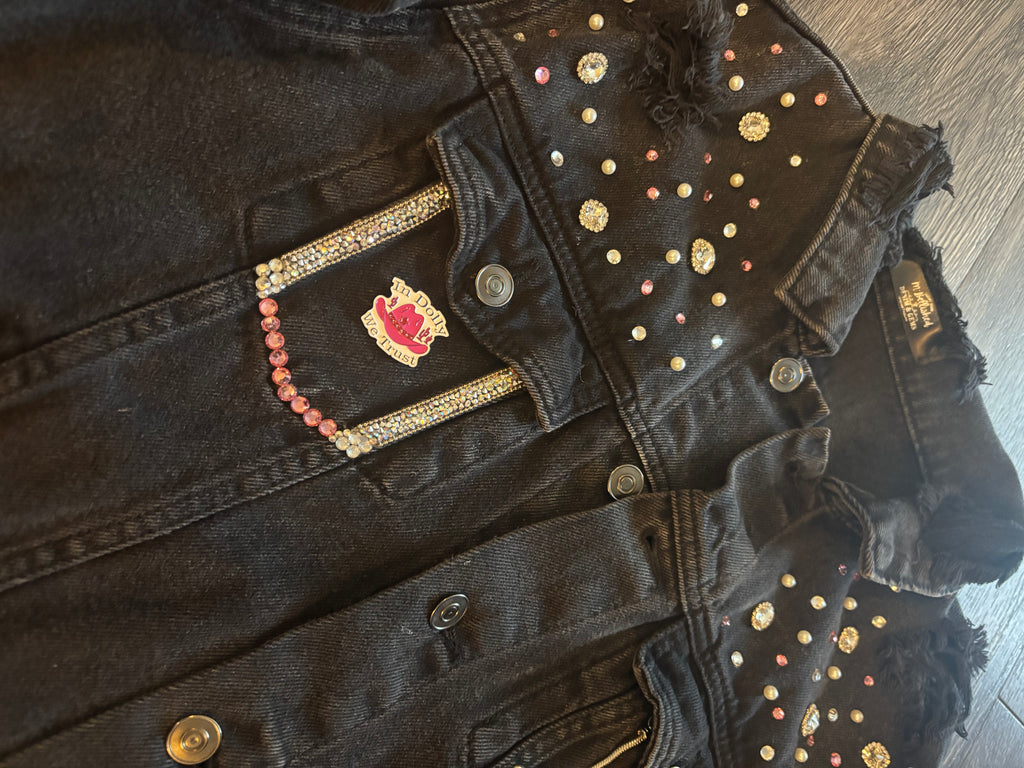 "In Dolly We Trust" -Women's Black Denim Jacket