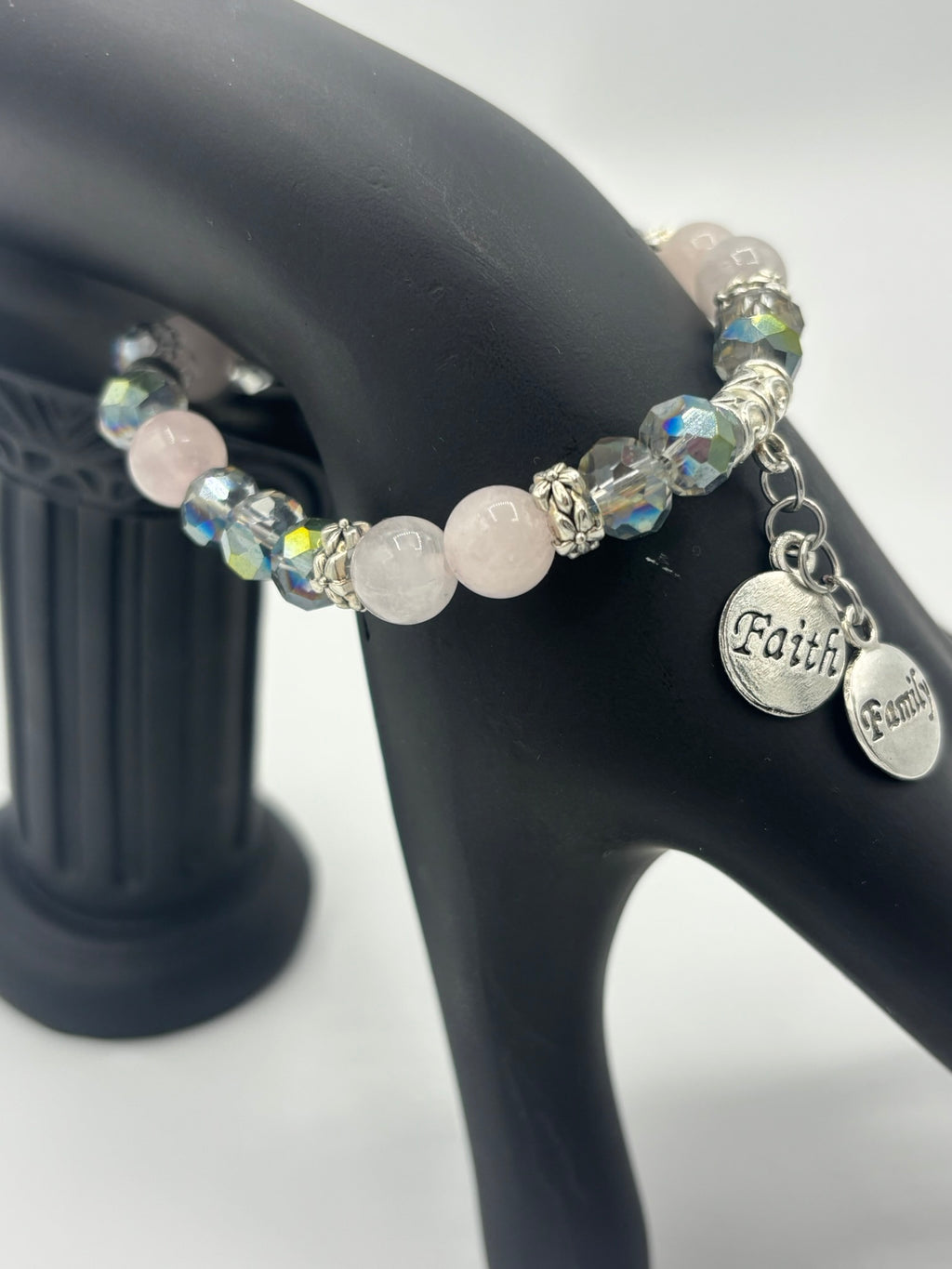 "Faith & Family" Frosted Pink & Gray Swarovski Glass Beads Women's Bracelet