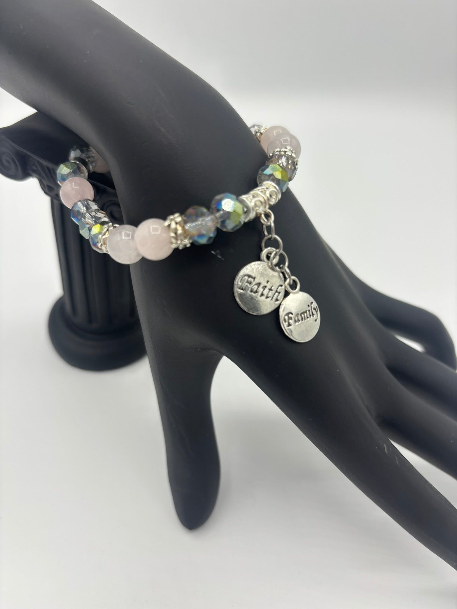"Faith & Family" Frosted Pink & Gray Swarovski Glass Beads Women's Bracelet