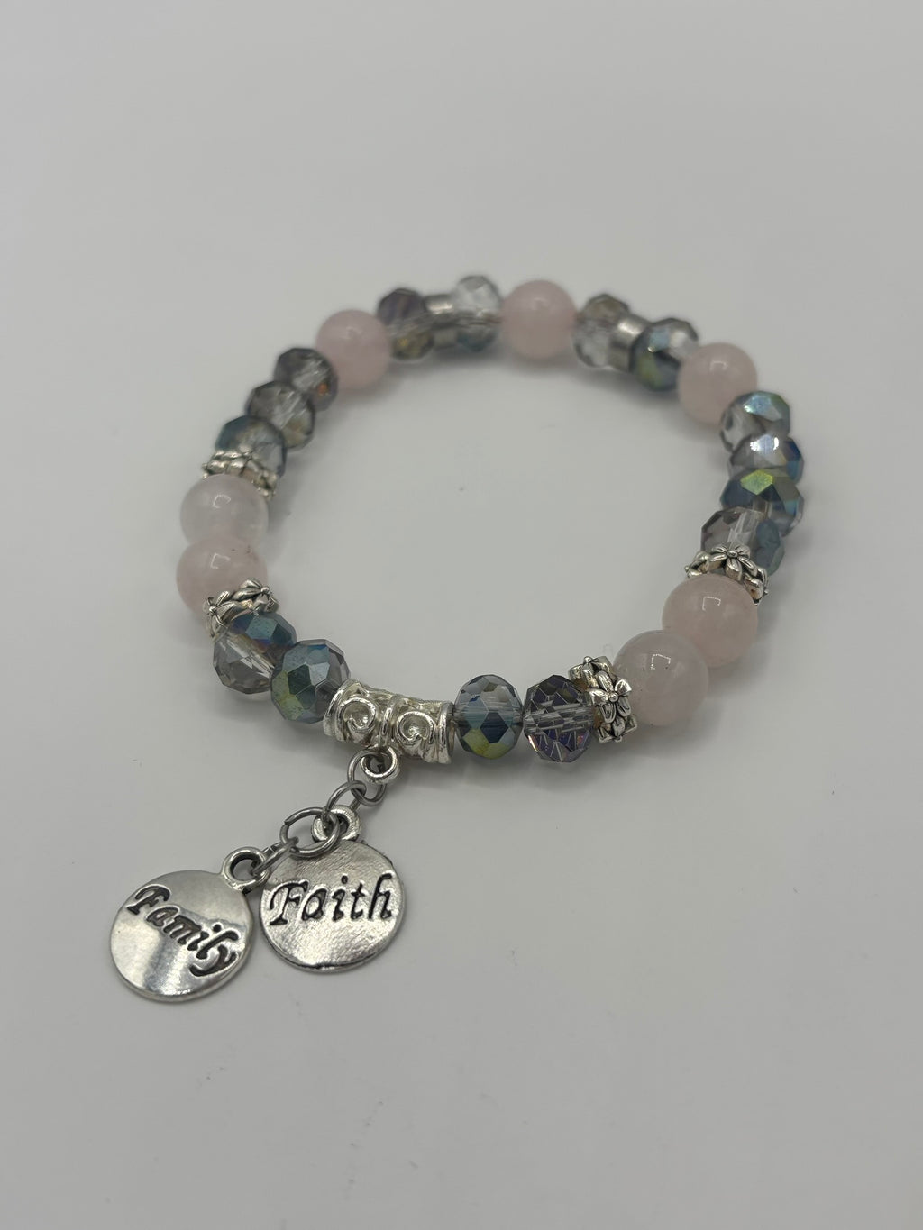 "Faith & Family" Frosted Pink & Gray Swarovski Glass Beads Women's Bracelet