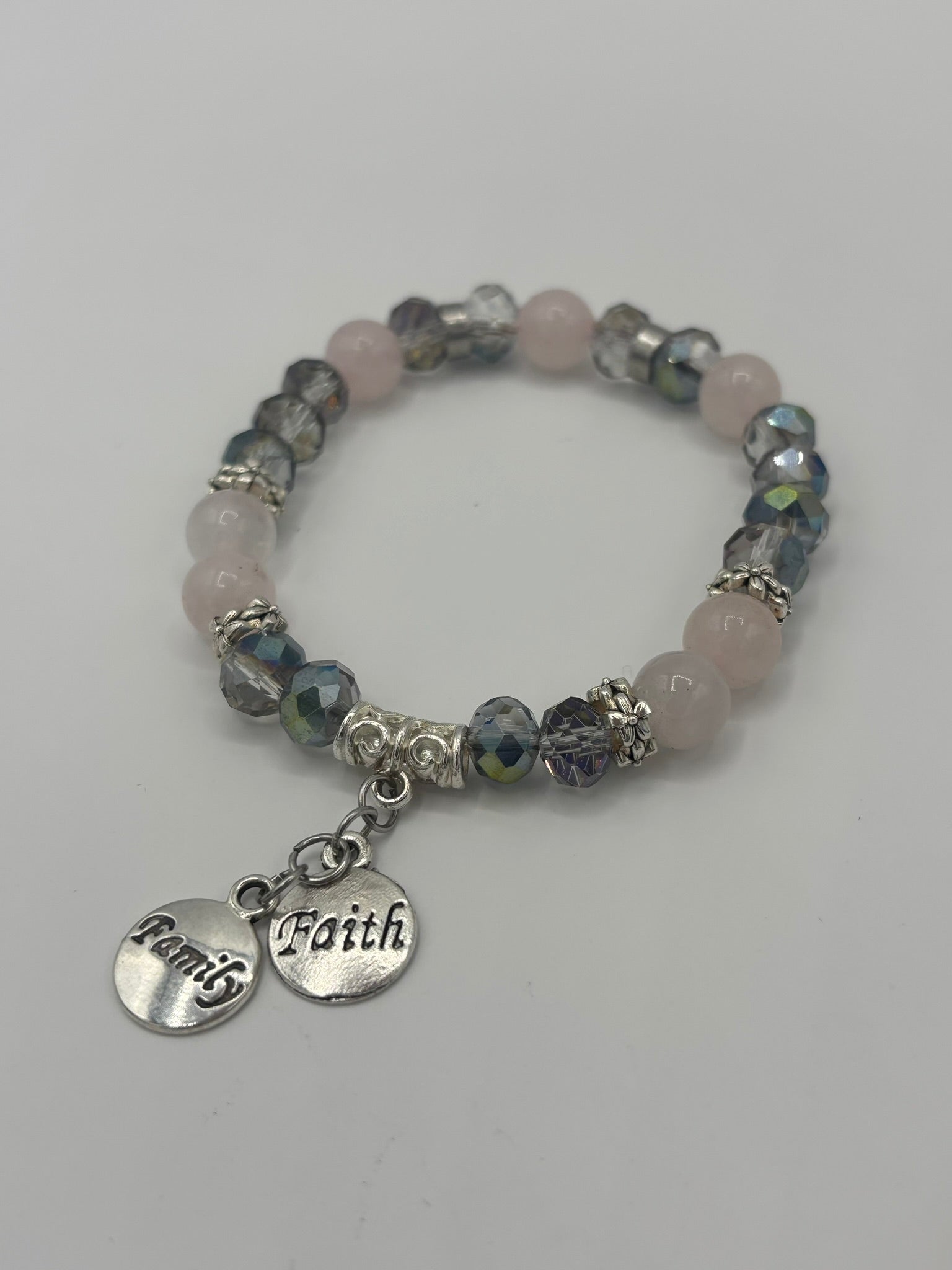 "Faith & Family" Frosted Pink & Gray Swarovski Glass Beads Women's Bracelet