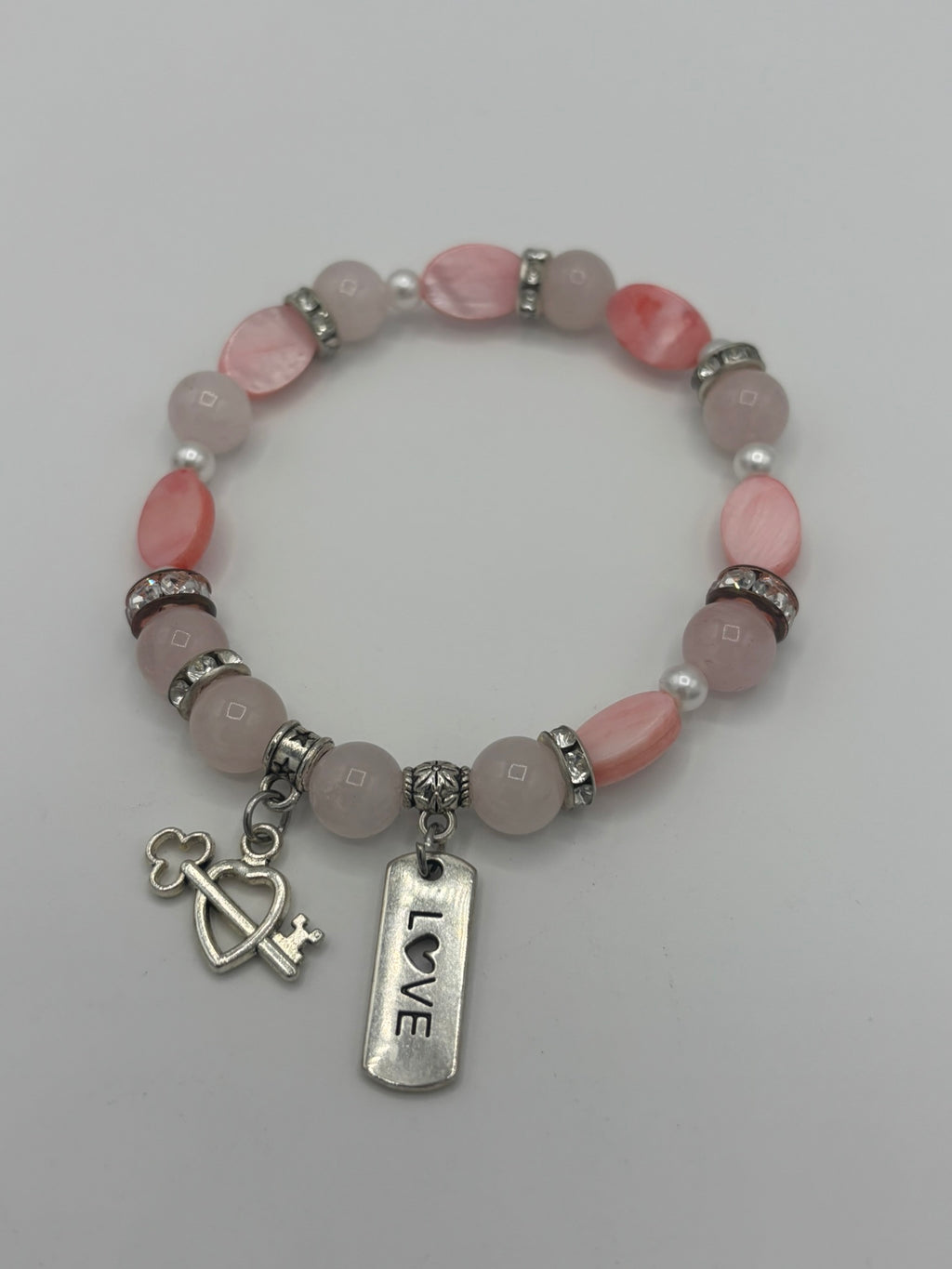 Keyed Heart Charm, Frosted Pink Bead & Opal Women's Bracelet