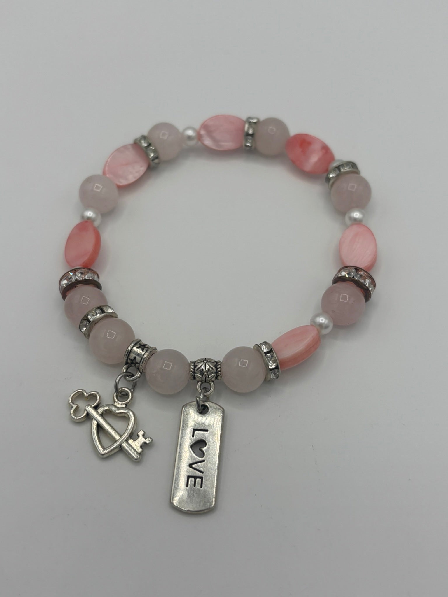 Keyed Heart Charm, Frosted Pink Bead & Opal Women's Bracelet
