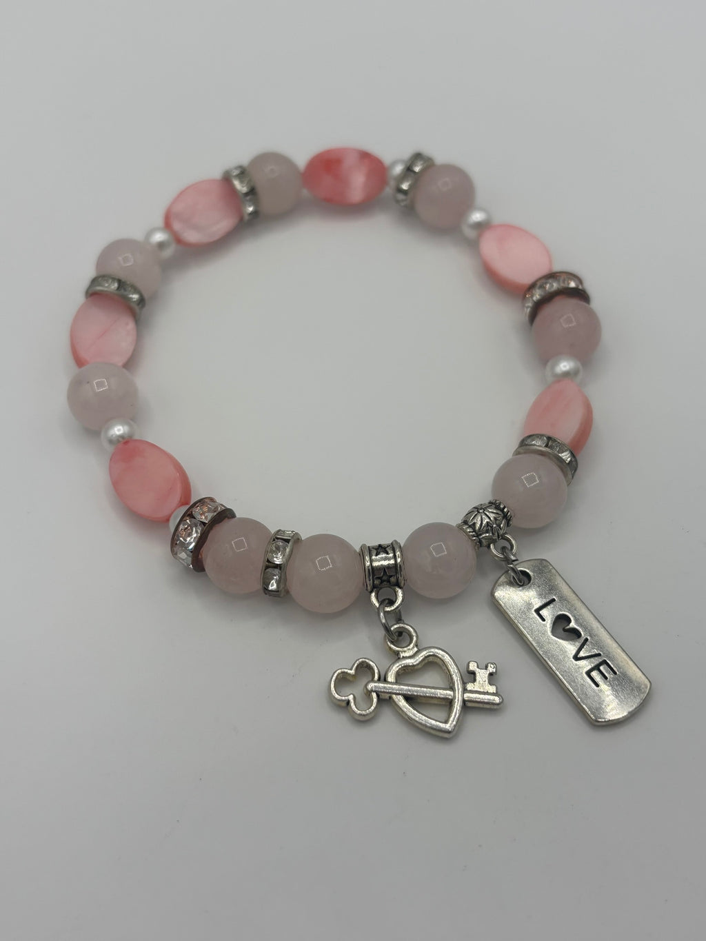 Keyed Heart Charm, Frosted Pink Bead & Opal Women's Bracelet