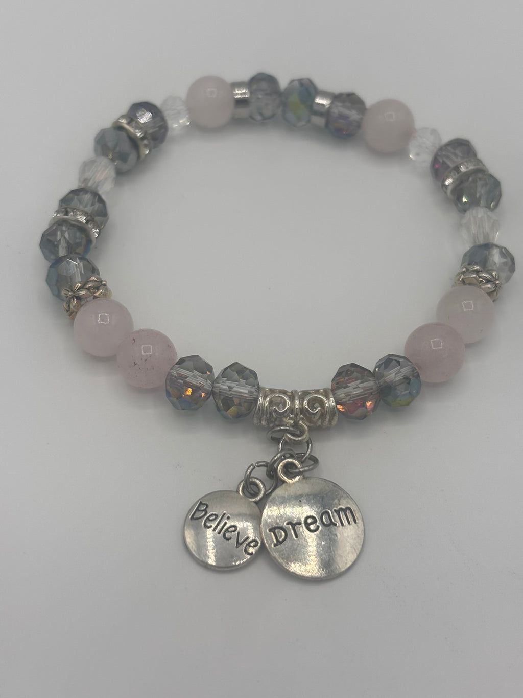 "Believe & Dream" Frosted Pink Gray Swarovski Beaded Women's Bracelet