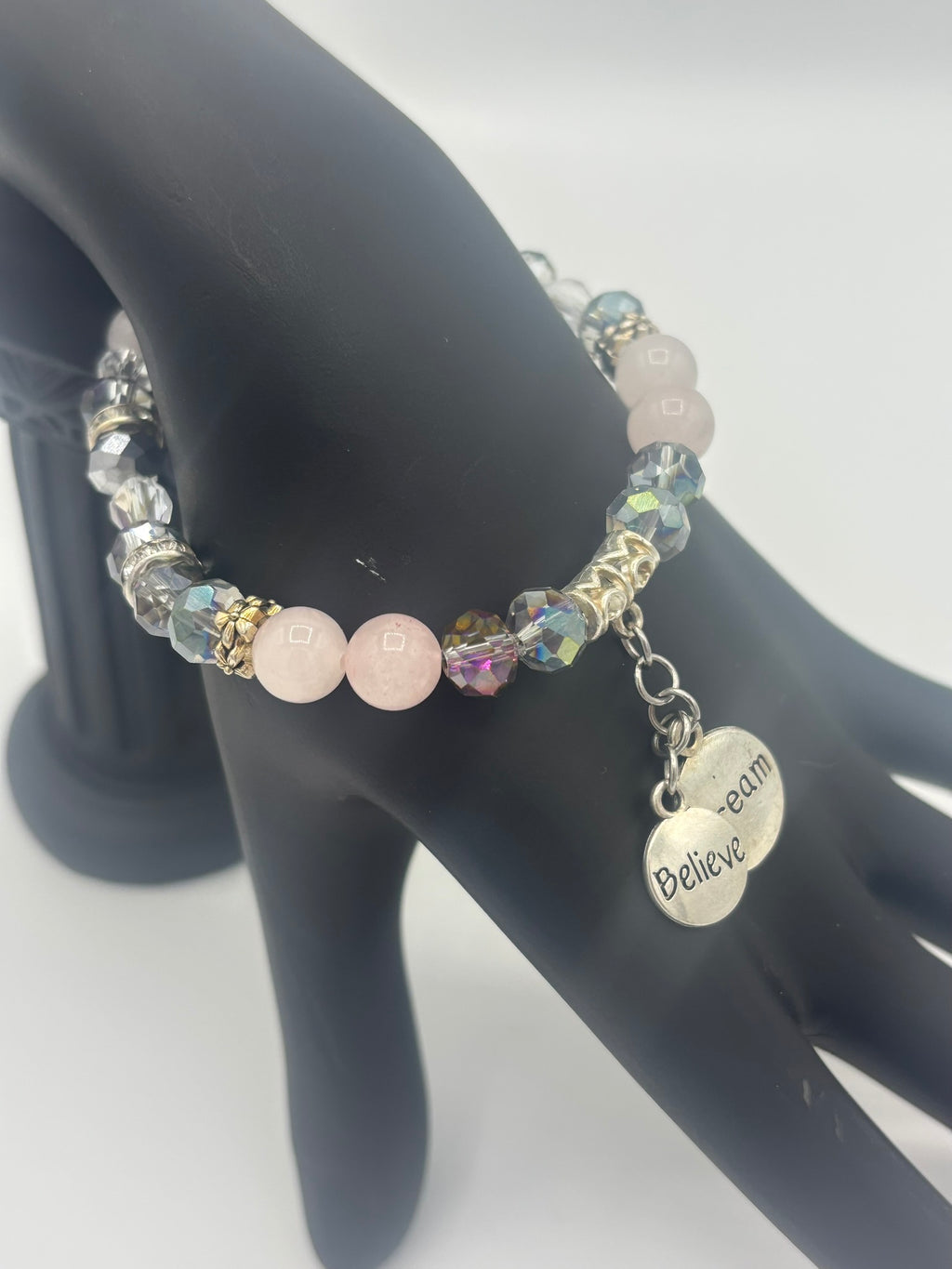 "Believe & Dream" Frosted Pink Gray Swarovski Beaded Women's Bracelet