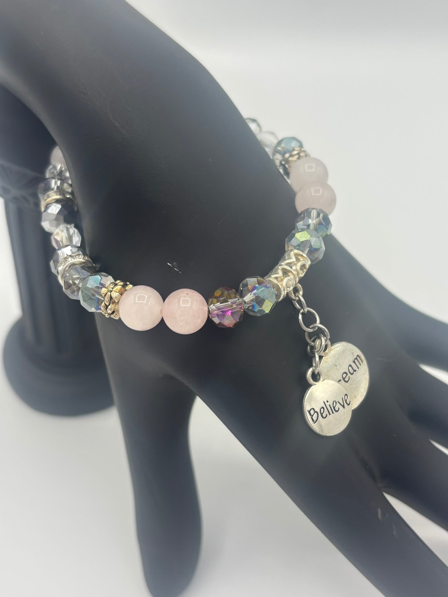 "Believe & Dream" Frosted Pink Gray Swarovski Beaded Women's Bracelet