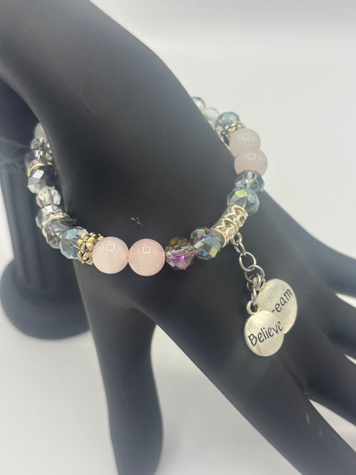 "Believe & Dream" Frosted Pink Gray Swarovski Beaded Women's Bracelet