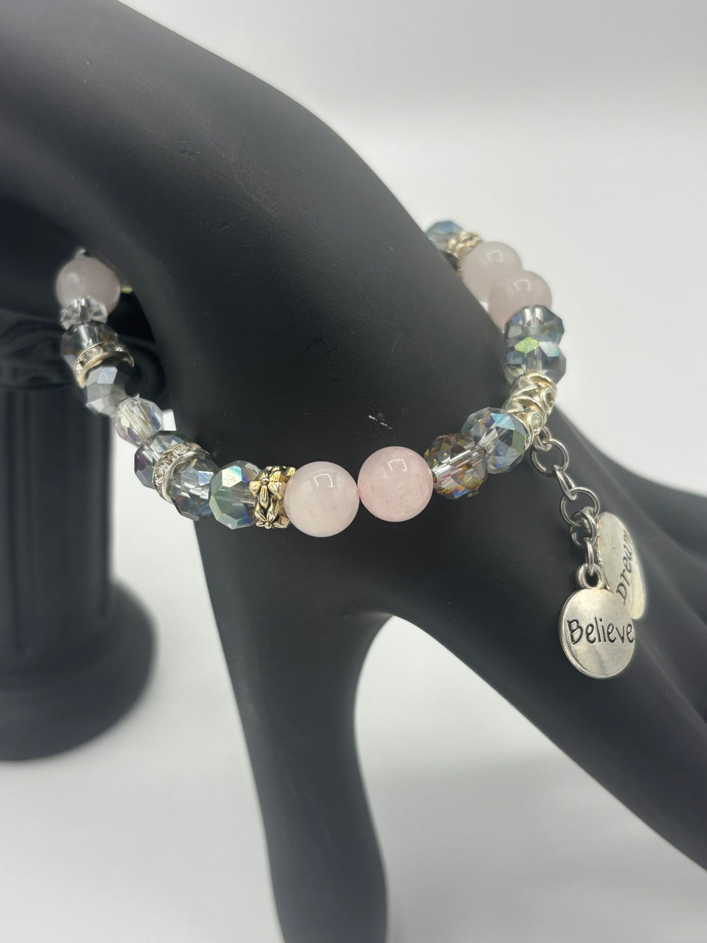 "Believe & Dream" Frosted Pink Gray Swarovski Beaded Women's Bracelet