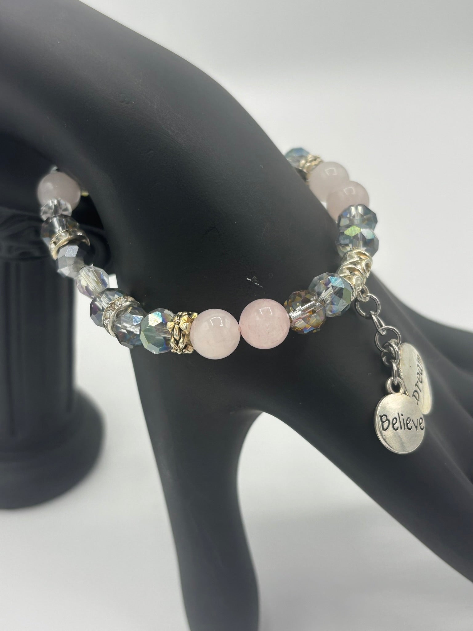 "Believe & Dream" Frosted Pink Gray Swarovski Beaded Women's Bracelet
