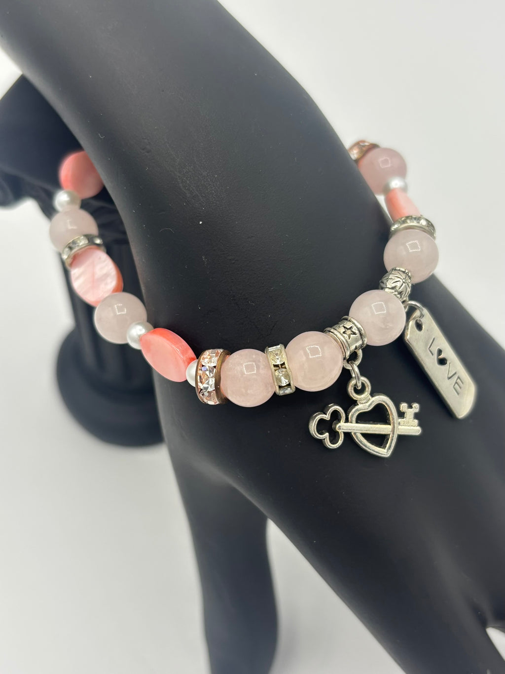 Keyed Heart Charm, Frosted Pink Bead & Opal Women's Bracelet