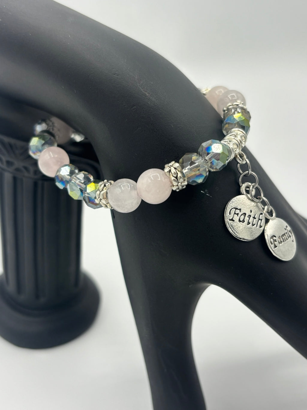 "Faith & Family" Frosted Pink & Gray Swarovski Glass Beads Women's Bracelet