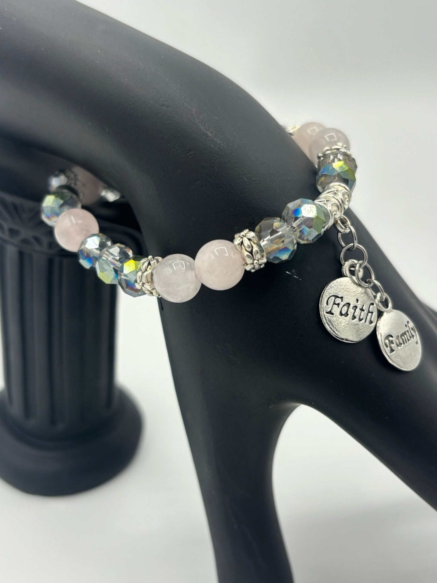 "Faith & Family" Frosted Pink & Gray Swarovski Glass Beads Women's Bracelet