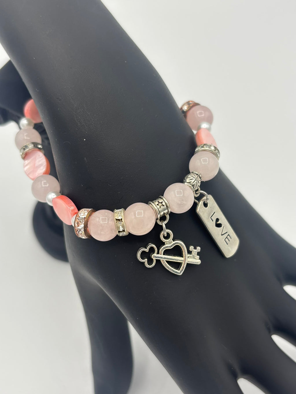 Keyed Heart Charm, Frosted Pink Bead & Opal Women's Bracelet