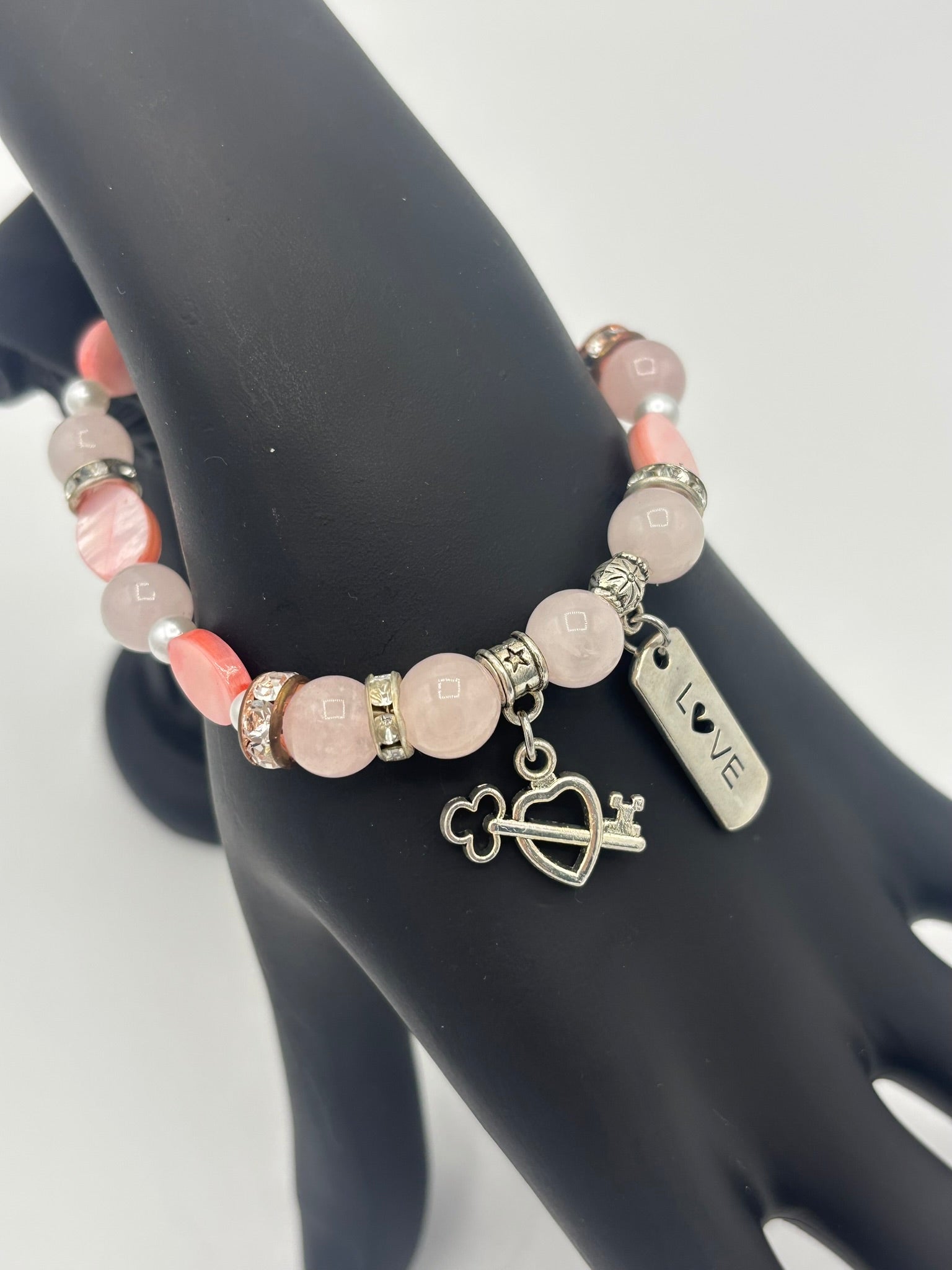 Keyed Heart Charm, Frosted Pink Bead & Opal Women's Bracelet